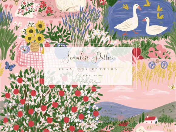 Farm Garden Seamless Pattern with Sheep and Ducks